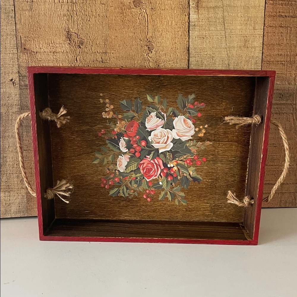 Rustic Upcycled Decorative Red Floral Wooden Tray